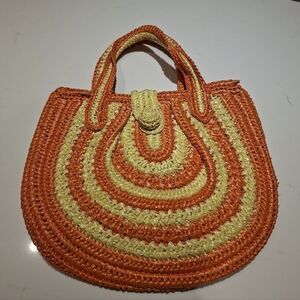 Vintage Goldco. Vibrant Orange & Yellow Circular Straw Bag with Button Closure